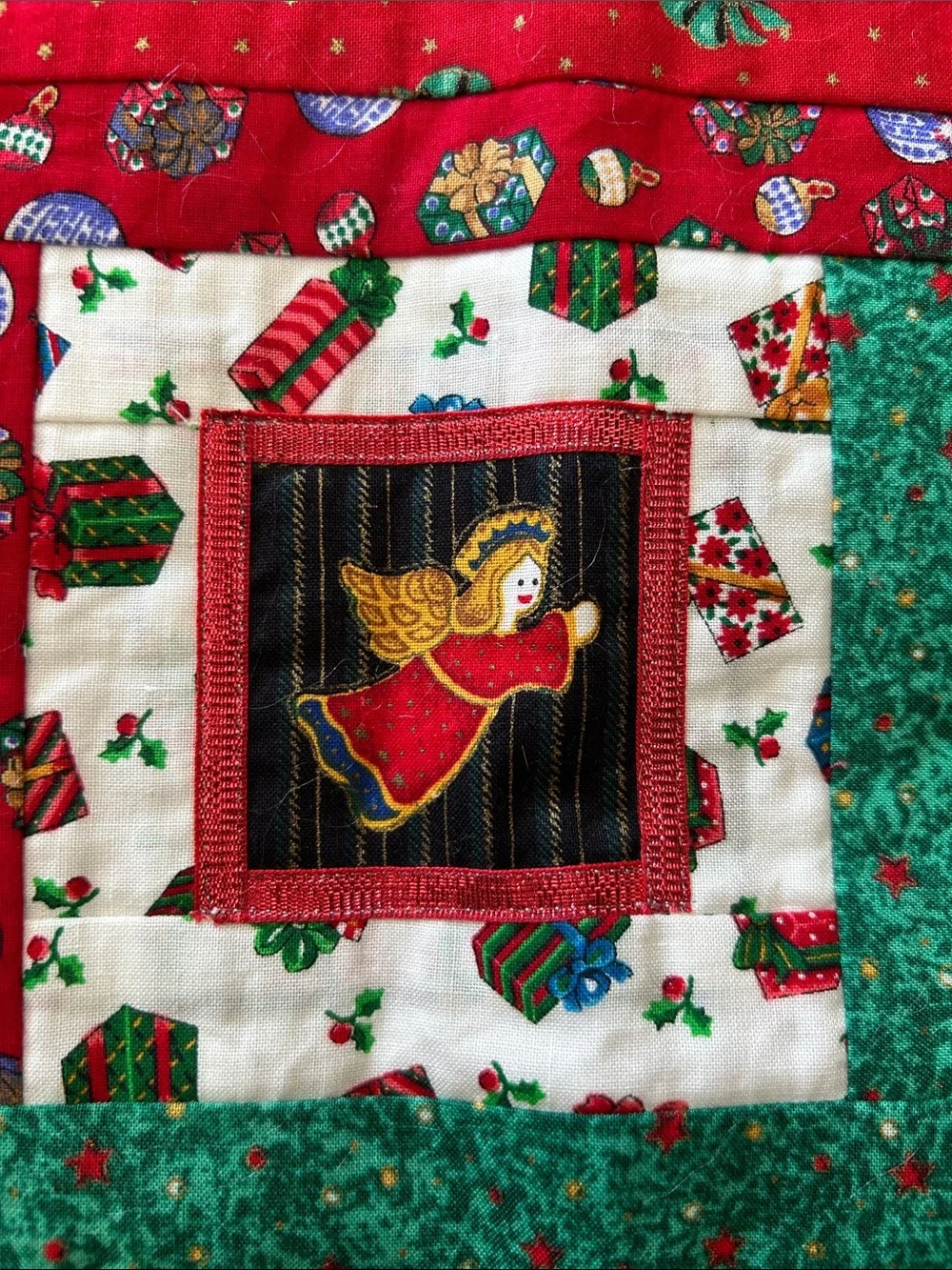 Handmade Holiday Table Runner - Red & Green Festive Quilt